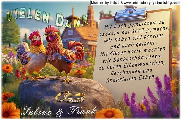 Dankeskarte Hochzeit - Hahn und Huhn
