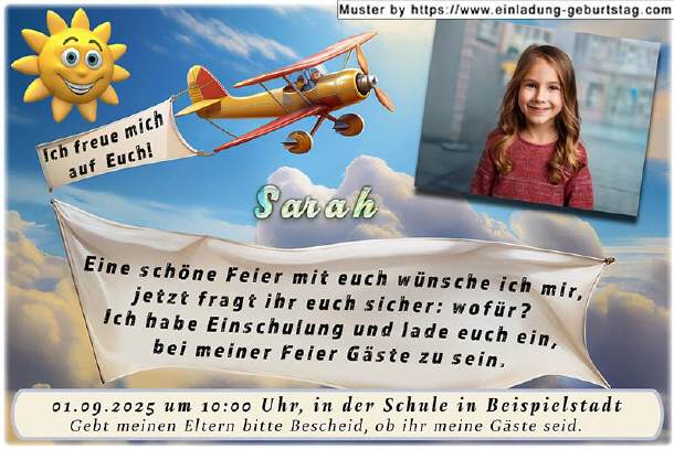Einladung Einschulung - Foto neben Flugzeug