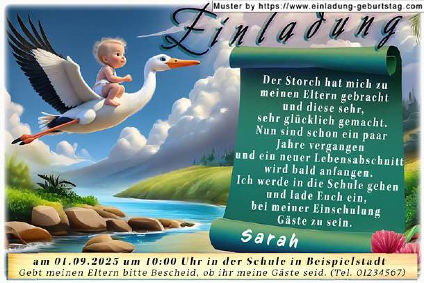 lustige Einladung Einschulung - der Storch