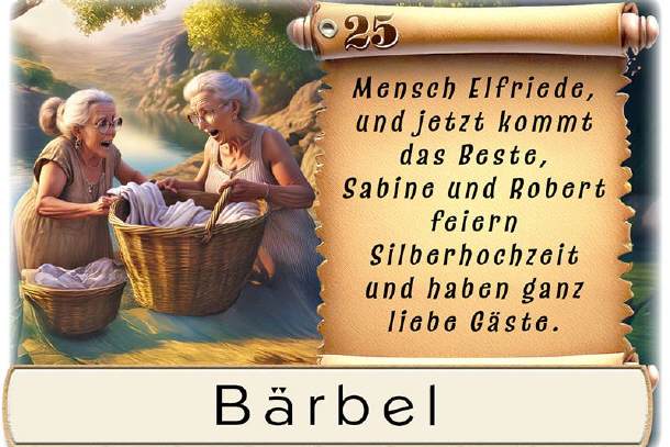 Tischkarte Silberhochzeit, tratschende Waschfrauen