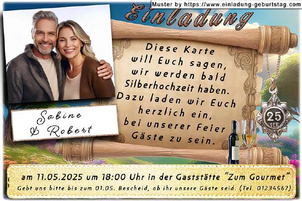Einladung Silberhochzeit Foto neben Schriftrolle