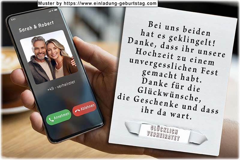 Die Dankeskarte zur Hochzeit mit Ihrem Text auf einer Goldpapierrolle