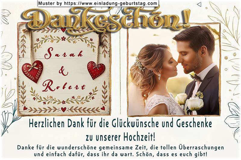 Die Dankeskarte zur Hochzeit mit Ihrem Foto auf einer Goldpapierrolle zwischen 2 Textfeldern