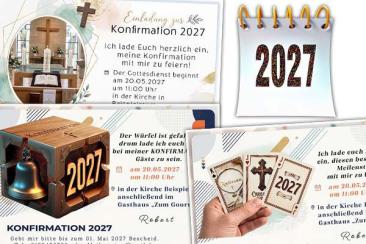 originelle Einladungskarten zur Konfirmation 2027 mit kirchlichen Bildern