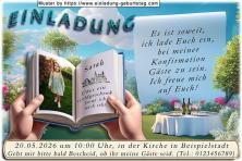 Die Einladung zur Konfirmation mit deinem Foto als Seite eines aufgeschlagenen Buches, gehalten von 2 Händen. In die rechte Seite wird dein Name eingesetzt.