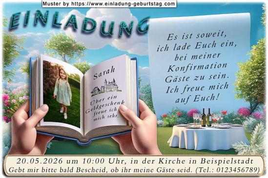 Die Einladung zur Konfirmation mit deinem Foto als Seite eines aufgeschlagenen Buches, gehalten von 2 Händen. In die rechte Seite wird dein Name eingesetzt.