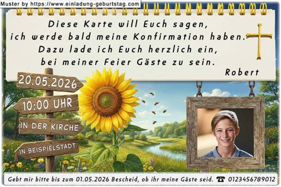 Die Einladung zur Konfirmation mit deinem Foto in einem rustikalen Holzrahmen neben einem Holzwegweiser und einer Sonnenblume.