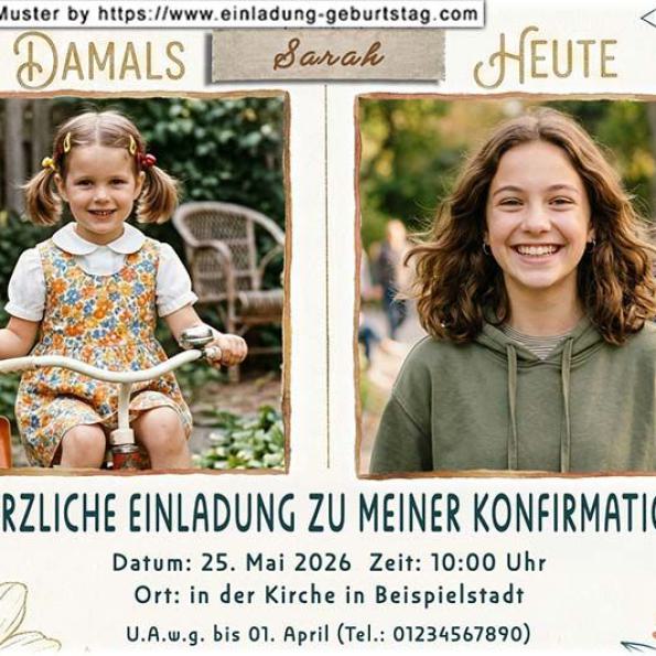 Die Einladung zur Konfirmation mit deinem Foto über einem Orttsschild - das Ende der Kindheit