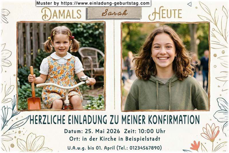 Die Einladung zur Jugendweihe mit 2 deiner Fotos nebeneinander – ein älteres Kinderbild und ein aktuelles Bild – Damals und Heute.