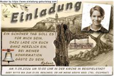 Die Einladung zur Konfirmation mit deinem Foto auf einem mediterranen Bild im Sepia Look mit einem am Baum hängenden Schild Richtung Konfirmation.
