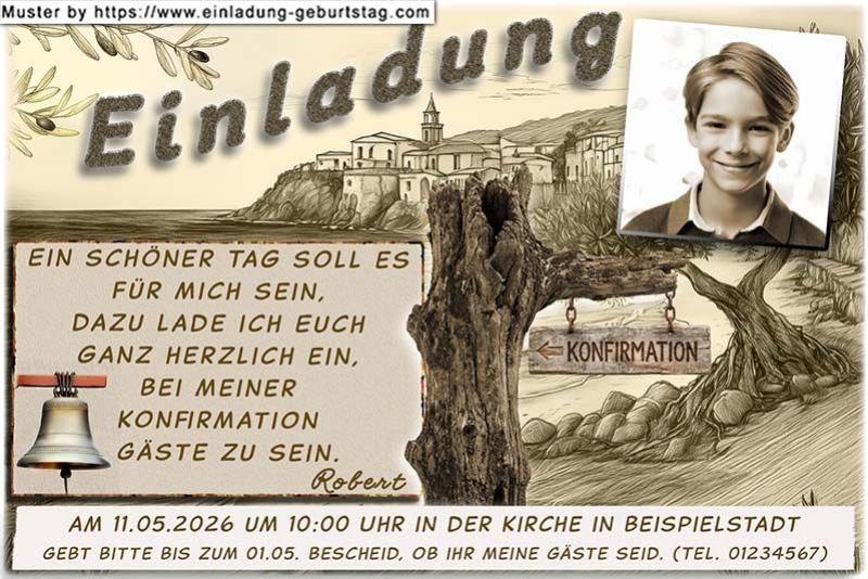Die Einladung zur Konfirmation mit deinem Foto auf einem mediterranen Bild im Sepia Look mit einem am Baum hängenden Schild Richtung Konfirmation.