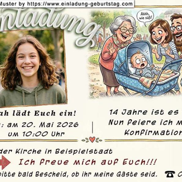 Die Einladung zur Konfirmation mit deinem Foto und den lustigen Hinweisen für deine Gäste