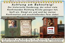 Die Einladung zur Konfirmation mit deinem Foto im Fenster eines Wagons, der von einer lustigen Lok gezogen wird – der Sonderzug zur Konfirmationsfeier.