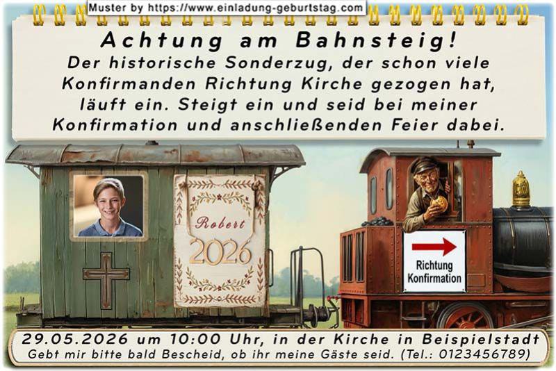 Die Einladung zur Konfirmation mit deinem Foto im Fenster eines Wagons, der von einer lustigen Lok gezogen wird – der Sonderzug zur Konfirmationsfeier.