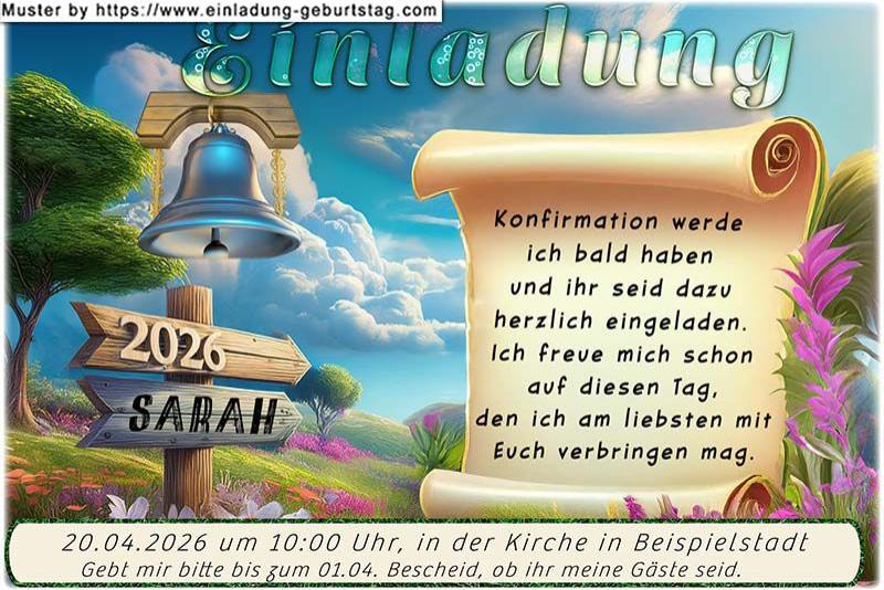 Die Einladung zur Konfirmation mit der Jahreszahl und deinem Namen auf einem Wegweiser unter einer Kirchenglocke.