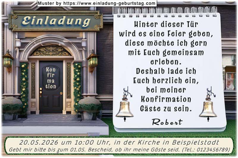 Eine Tür mit der Aufschrift Konfirmation als Einladungskarte zu deiner Konfirmation. Der Einladungstext und dein Name werden neben die Tür gedruckt.