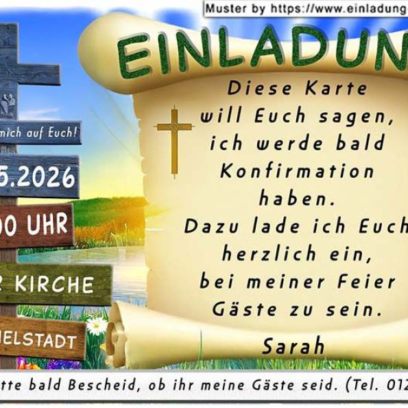 Die Einladung zur Konfirmation mit dem Text auf einer Holztafel