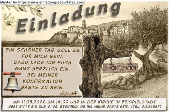 Ein schönes Bild im Sepia Style dient dieser Einladungskarte zur Konfirmation als Hintergrund. Sämtliche Textbestandteile kannst du frei anpassen.
