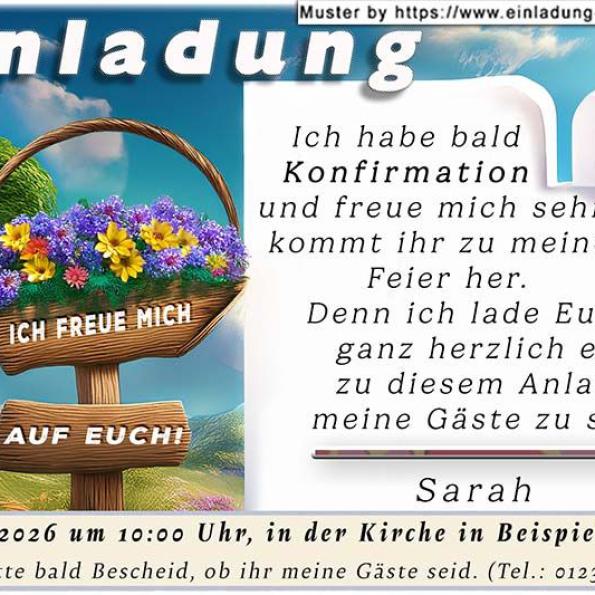 Die Einladung zur Konfirmation mit dem Text auf einer Holztafel