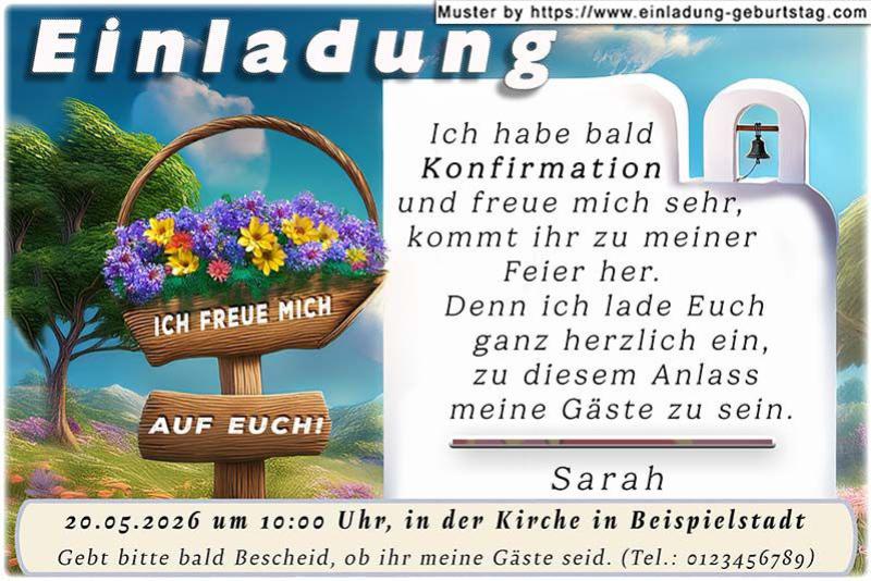 Ein Wegweiser mit deiner Botschaft - Ich freue mich auf Euch! als Einladungskarte zu deiner Konfirmation. Das Textfeld mit der Kirchenglocke.