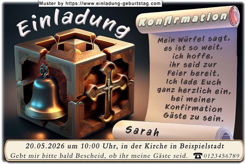 Die Einladung zur Konfirmation mit dem Würfel, der eine Kirchenglocke und ein Kreuz an 2 Seiten besitzt. Eine Textrolle befindet sich daneben.