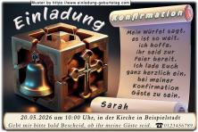 Die Einladung zur Konfirmation mit dem Würfel, der eine Kirchenglocke und ein Kreuz an 2 Seiten besitzt. Eine Textrolle befindet sich daneben.