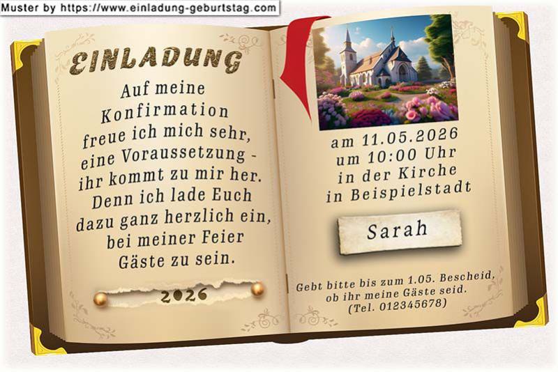 Die Einladung zur Konfirmation als aufgeschlagenes Buch. Auf der linken Buchseite befindet sich dein Einladungstext. 