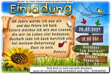 Die originelle Einladung zum Geburtstag mit dem Wegweiser und der Sonnenblume, auf der sich Ihr Alter befindet