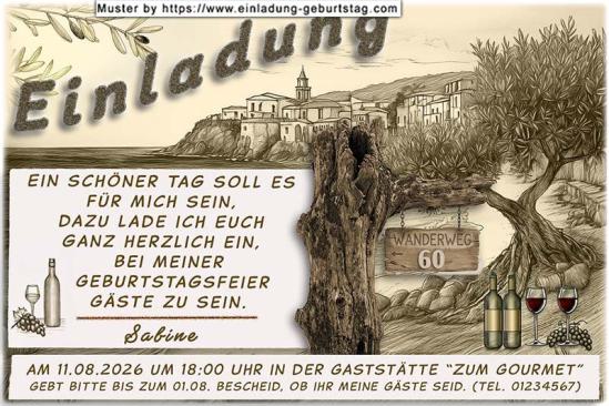 Die originelle Einladung zum Geburtstag - Eine Einladungskarte komplett im Sepia Look. Eine verträumte Ortschaft am Meer, im Vordergrund Olivenbäume.