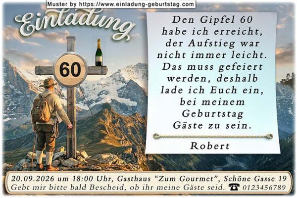 originelle Einladung Geburtstag mit dem Mann vor einem Gipfelkreuz, auf dem Ihr Alter steht