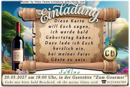 Die originelle Einladung zum Geburtstag mit der Schriftrolle, an der eine Münze mit Ihrem Alter hängt