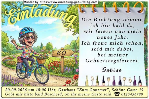 originelle Einladung Geburtstag mit der Frau auf dem Fahrrad als Karikatur