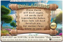 die originelle Einladung zur Jugendweihe mit der Schriftrolle, an der die Jahreszahl 2027 hängt
