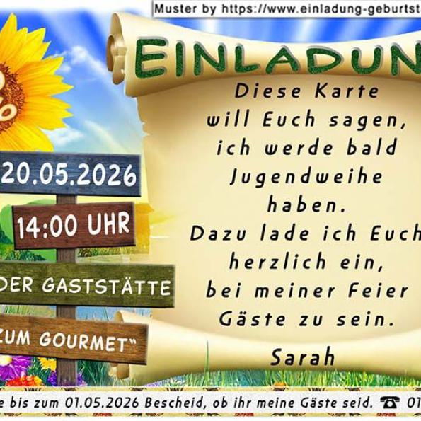 Die Einladung zur Jugendweihe mit dem Einladungstext vor einem Himmel