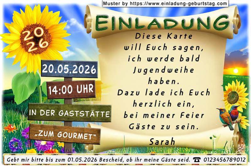 Die Einladung zur Jugendweihe mit dem Einladungstext vor einem Himmel