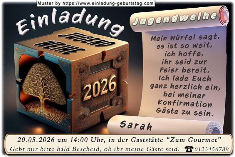 Die Einladung zur Jugendweihe mit der wellenförmigen Schrift