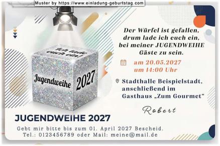 Die originelle Einladung zur Jugendweihe mit dem Würfel, der das Wort Jugendweihe, die Zahl 2027 und Ich lade euch ein an den Seiten zeigt