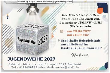 Die originelle Einladung zur Jugendweihe mit dem Würfel, der das Wort Jugendweihe, die Zahl 2027 und Ich lade euch ein an den Seiten zeigt