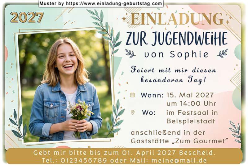 Die Einladung zur Jugendweihe mit Foto vor einem Hintergrund mit dezenten Farben