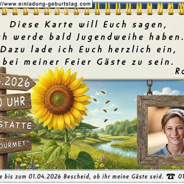 Die Einladungskarte zur Jugendweihe mit deinem Foto vor einem Traumstrand