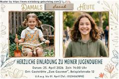 Die Einladungskarte zur Jugendweihe mit deinem Foto über einem Ortsschild: Das Ende der Kindheit
