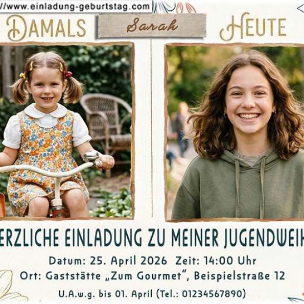 Die Einladungskarte zur Jugendweihe mit deinem Foto über einem Ortsschild: Das Ende der Kindheit