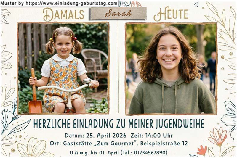 Die Einladungskarte zur Jugendweihe mit deinem Foto über einem Ortsschild: Das Ende der Kindheit