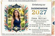 Die Einladung zur Jugendweihe mit deinem Foto umgeben von einem originellen dekorativen Rahmen