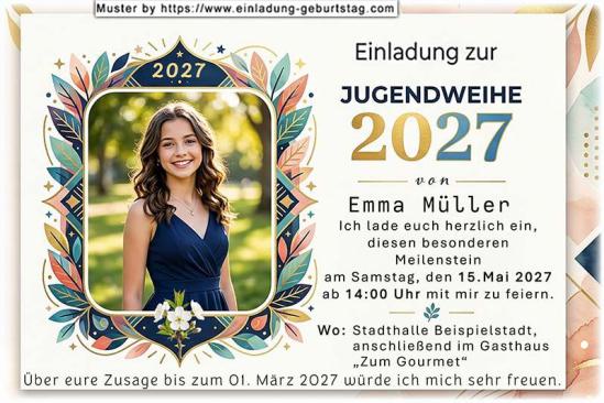 Die Einladung zur Jugendweihe mit deinem Foto umgeben von einem originellen dekorativen Rahmen