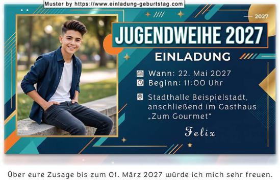Die Einladung zur Jugendweihe mit deinem Foto im Großformat vor einem Hintergrund mit knalligen Farben
