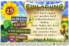 Die Einladungskarte zur Silberhochzeit mit der Zahl 25 auf einer wehenden Fahne