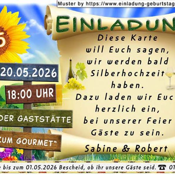 Die Einladungskarte zur Silberhochzeit mit der Zahl 25 auf einer wehenden Fahne