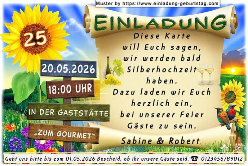 Die Einladungskarte zur Silberhochzeit mit der Zahl 25 auf einer wehenden Fahne