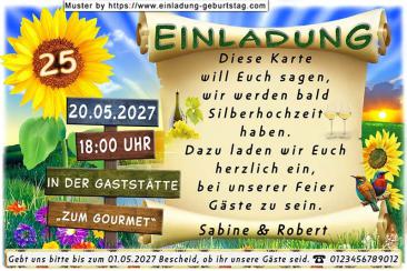 Die originelle Einladung zur Silberhochzeit mit Ihrer Jubiläumszahl in einer Sonnenblume und Datum, Uhrzeit und Ort auf einem Wegweiser
